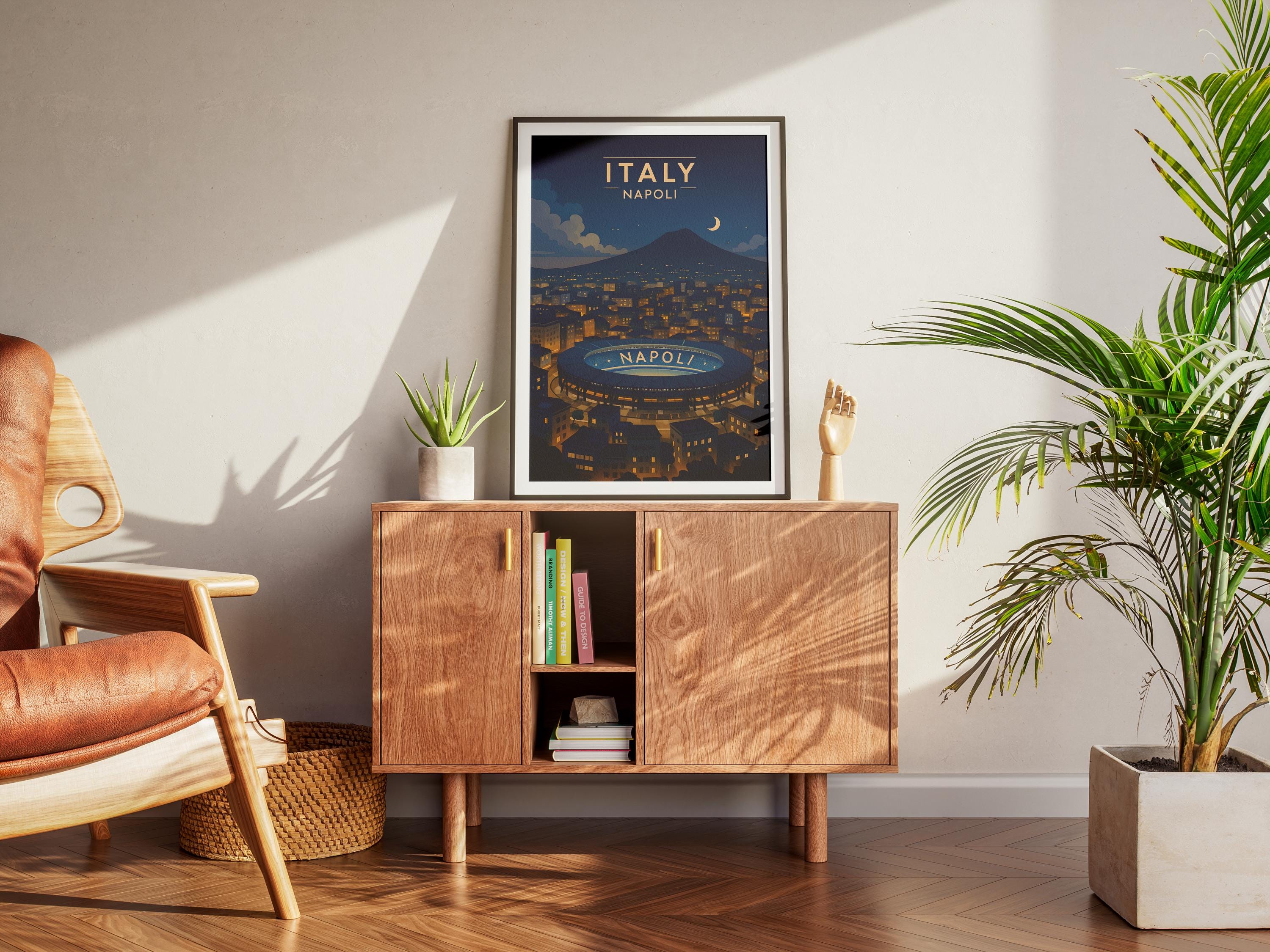 Napoli by Night Poster | Digital Wall Art| Stadio Maradona Print | Mount Vesuvius Illustration | Italian Cityscape Decor | Digital Poster
