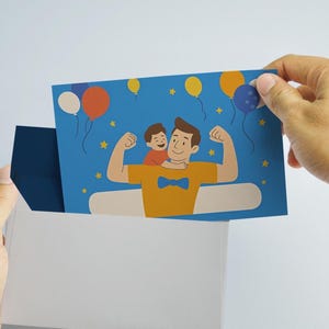 Postal divertida del Día del Padre / Tarjeta de felicitación horizontal con ilustración de papá e hijo / Lindo regalo imprimible para papá / Tarjeta azul con globos