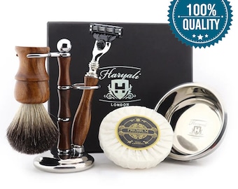 Luxury Wooden 5pc Shaving Kit for Men Black Badger Shaving Brush 3 Edge Razor Shaving Stand Stainless Steel Shaving Bowl & Shaving Soap