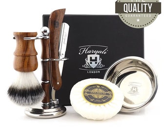 Wooden 5pc Shaving Kit for Men Synthetic Silvertip Shaving Brush Shaving Stand Straight Razor Shaving Soap Shaving Bowl Vegan