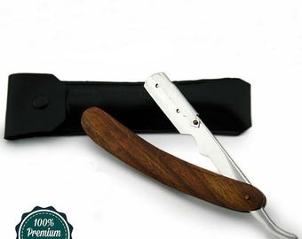 Handmade Wooden Handle Cut Throat Straight Razor Zero Waste Single Edge Razor with Razor Pouch