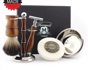 Kit da barba di lusso in legno da 5 pezzi per uomo Pennello da barba in tasso nero Rasoio di sicurezza Supporto da barba Ciotola da barba in acciaio inossidabile e sapone da barba