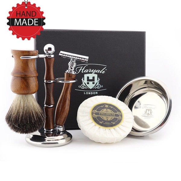 Luxury Wooden 5pc Shaving Kit for Men Black Badger Shaving Brush Safety Razor Shaving Stand Stainless Steel Shaving Bowl & Shaving Soap