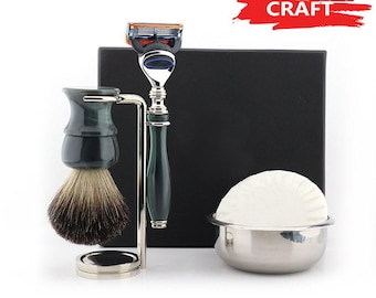Kit de afeitado para hombre de 5 piezas hecho a mano: brocha de tejón negro y maquinilla de afeitar de 5 filos