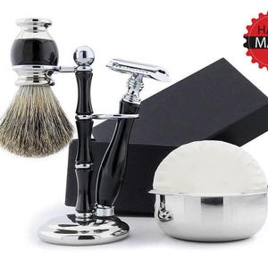 Handmade 5pc Shaving Kit for Men Badger Shaving Brush Shaving Stand Safety Razor Shaving Soap Shaving Bowl-Gift for Father, Husband