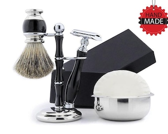 Handmade 5pc Shaving Kit for Men Badger Shaving Brush Shaving Stand Safety Razor Shaving Soap Shaving Bowl-Gift for Father, Husband