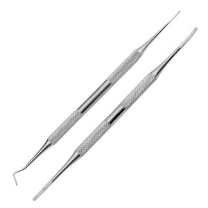 May include: Two stainless steel dental tools against a white backdrop. One tool features a curved, hook-like end, the other a flat, file-like end. Both have textured handles for grip.