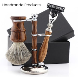 Handmade Wooden 3pc Shaving Kit for Men Super Badger Shaving Brush Dual-Slot Shaving Stand 3 Edge Shaving Razor Zero Waste Shaving Gift Set
