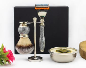 Handmade Antique Look Shaving Kit for Men Synthetic Silvertip Shaving Brush Shaving Stand 5 edge Razor Shaving Bowl & Soap