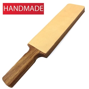 Handmade Paddle Strop Double Sided Handmade Genuine Cowhide Leather Strop with Wooden Handle for Straight Cut Throat Razor
