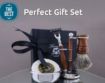 Luxury Wooden 5pc Shaving Kit for Men Super Badger Shaving Brush 3 Edge Razor Shaving Stand Stainless Steel Shaving Bowl & Shaving Soap