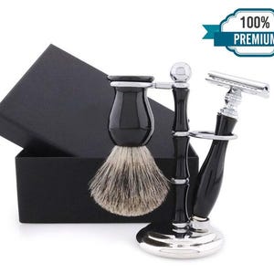 Handmade Luxury 3pc Mini Shaving Kit for Men Super Badger Shaving Brush Dual Shaving Stand Safety Razor Zero Waste Shaving Set
