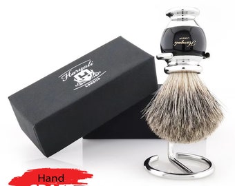 Super Grade Badger Shaving Brush with Stainless Steel Shaving Brush Stand Shaving Brush for Men Hand Made Gift Set Black