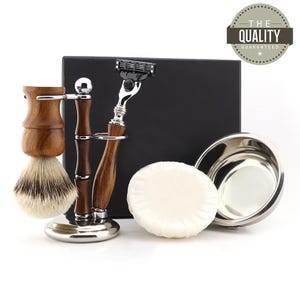 Handmade Premium Wooden 5pc Shaving Kit for Men Synthetic Silvertip Shaving Brush Shaving Stand 3 Edge Razor Shaving Bowl & Soap