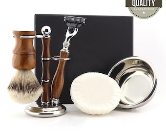 Handgemaakte houten 5-delige scheerset voor heren: zilverpuntborstel, scheermesje en standaard