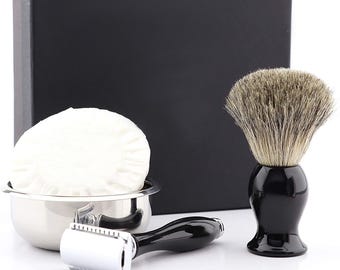 Handmade Personalized Shaving Set: Badger Brush, Safety Razor, Steel Bowl