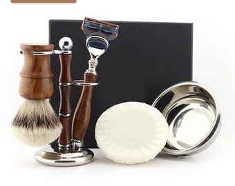 Handmade Luxury Wooden Shaving Kit for Men Synthetic Silvertip Shaving Brush 5 Edge Razor Shaving Stand Stainless Steel Shaving Bowl Soap
