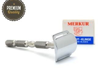 Maquinilla de afeitar de seguridad de doble filo de acero inoxidable hecha a mano: Mango largo para afeitado masculino