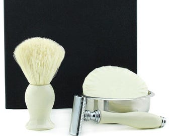 Set de afeitado en húmedo para hombre hecho a mano: brocha de tejón, maquinilla de afeitar de seguridad y jabón