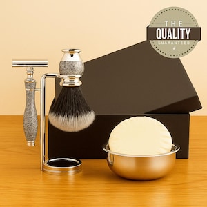 Handmade Antique Style 5pc Shaving Kit for Men Round Handle Synthetic Shaving Brush Shaving Stand Safety Razor Shaving Bowl Shaving Soap