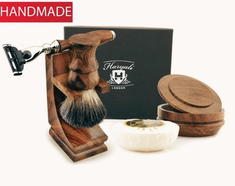 Wooden 5pc Shaving Kit for Men Black Badger Shaving Brush 3 Edge Razor Stand Shaving Stand Soap Shaving Bowl with Lid Men's Shaving Kit