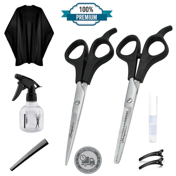 Professionelle Friseurschere Kit 6,5 "Haarschneideschere und Effilierschere Kamm Schürze Sprühflasche und Haarspangen