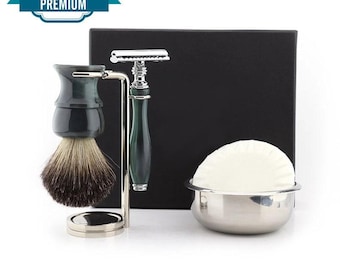 Kit de afeitado para hombre de 5 piezas hecho a mano: brocha de tejón negro, maquinilla de afeitar de seguridad y cuenco de acero.