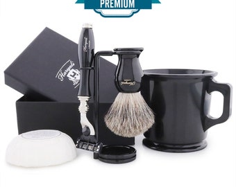 Traditional 5pc Shaving Set for Men Super Badger Shaving Brush Shaving Mug 3 Edge Razor Shaving Stand Shaving Soap