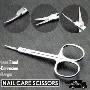 May include: Silver nail care scissors with curved blades. The scissors are made of stainless steel and are anti-corrosion and anti-allergenic. "Nail Care Scissors" is printed on the bottom of the image.