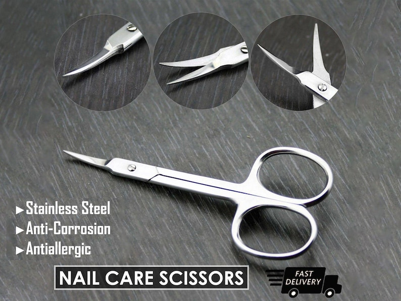 May include: Silver nail care scissors with curved blades. The scissors are made of stainless steel and are anti-corrosion and anti-allergenic. "Nail Care Scissors" is printed on the bottom of the image.