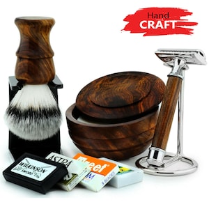 Handmade Combination 6pc Shaving Kit for Men Synthetic Shaving Brush Brush Stand Safety Razor Razor Stand Shaving Bowl with Lid Shaving Soap