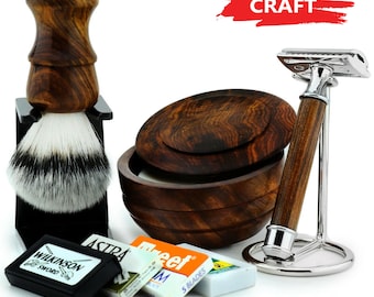 Handmade Combination 6pc Shaving Kit for Men Synthetic Shaving Brush Brush Stand Safety Razor Razor Stand Shaving Bowl with Lid Shaving Soap
