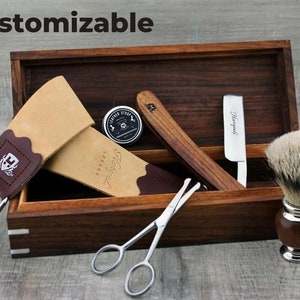 Wooden 6pc Shaving Kit for Men Silvertip Badger Shaving Brush Straight Razor Facial Scissors Wooden Box Leather Strop & Strop Paste Handmade image 2