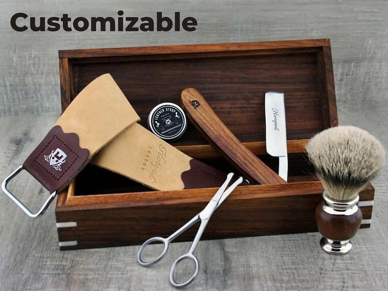 Wooden 6pc Shaving Kit for Men Silvertip Badger Shaving Brush Straight Razor Facial Scissors Wooden Box Leather Strop & Strop Paste Handmade image 2