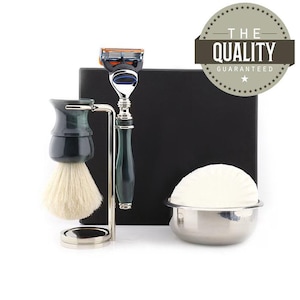 Handmade 5pc Shaving Kit for Men White Badger Shaving Brush Shaving Stand 5 Edge Razor Shaving Soap & Bowl