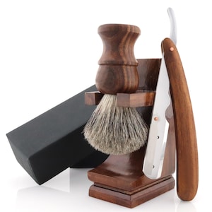 Handmade Cut Throat Razor Kit Wooden Shaving Kit Hand Assembled 3 Piece Men&#39;s Shaving Kit Gift Set