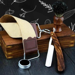 Handgemaakte Premium Houten 5-delige Scheerset voor Mannen Zwarte Das Scheerkwast Scheermes Houten Doos Lederen Strop & Strop plakken