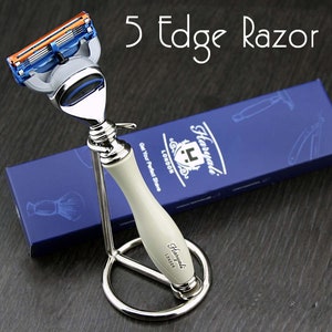 5 Edge  Men's Razor for Shaving With Chrome Plated Razor Stand Ergonomic Handle Shaving Razor Gift Set Ivory