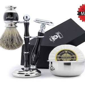 Round 5pc Shaving Kit for Men Badger Shaving Brush Shaving Stand Safety Razor Shaving Soap Shaving Bowl