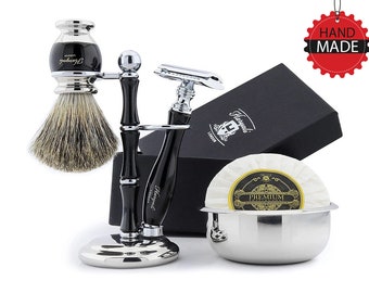 Round 5pc Shaving Kit for Men Badger Shaving Brush Shaving Stand Safety Razor Shaving Soap Shaving Bowl