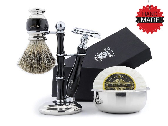 Kit da barba rotondo da 5 pezzi per uomo Pennello da barba in tasso  Supporto da barba Rasoio di sicurezza Sapone da barba Ciotola da barba -   Italia