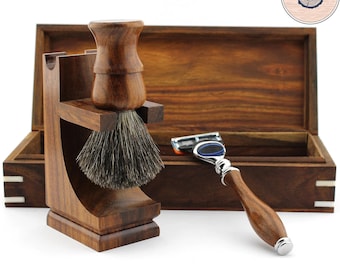 Luxury Wooden 4pc Shaving Kit for Men Black Badger Shaving Brush 5 Edge Shaving Razor Shaving Stand Wooden Box Zero Waste