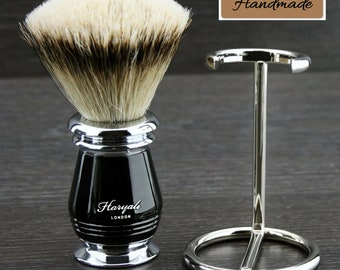 Premium Grade Silvertip Badger Shaving Brush with Chrome Brush Stand Minimalist Metallic Handle with Grooves Shaving Brush for Men Black