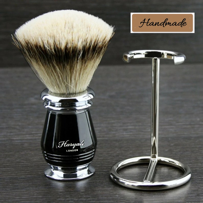 Premium Grade Silvertip Badger Shaving Brush with Chrome Brush Stand Minimalist Metallic Handle with Grooves Shaving Brush for Men Black image 1