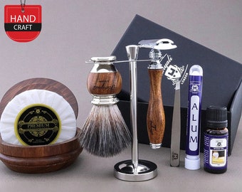 Wooden 8pc Shaving Kit for Men Badger Shaving Brush Safety Razor Shaving Stand Alum Tweezer Wood Oil Shaving Bowl with Lid & Shaving Soap