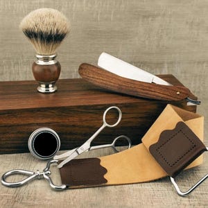 Handmade Wooden Shaving Kit for Men Synthetic Silvertip Shaving Brush Straight Razor Facial Scissors Wooden Box Leather Strop Strop Paste