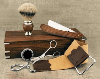 Handmade Wooden Shaving Kit for Men Synthetic Silvertip Shaving Brush Straight Razor Facial Scissors Wooden Box Leather Strop Strop Paste