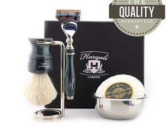 Tortoise Horn Imitation 5pc Shaving Kit for Men White Badger Shaving Brush Shaving Stand 5 Edge Razor Shaving Soap & Bowl