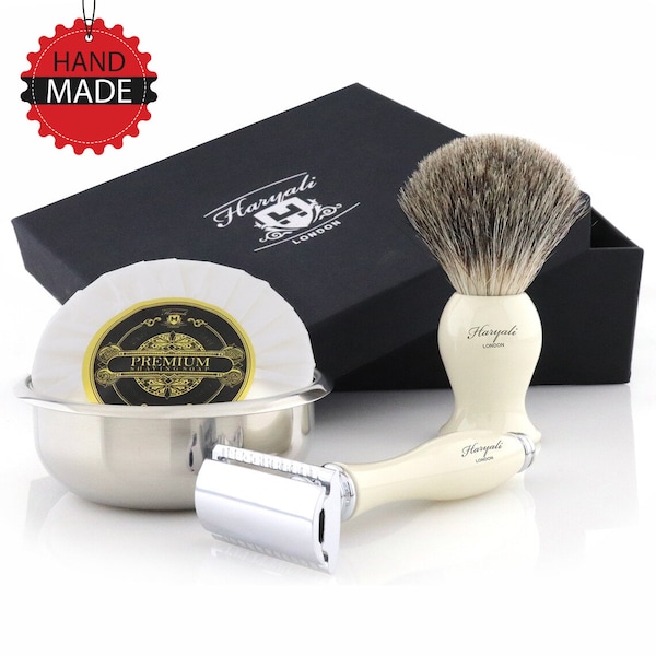 Minimalist 4pc Shaving Kit for Men Synthetic Shaving Brush Safety Razor Shaving Soap Shaving Bowl Zero Waste Vegan Shaving Set