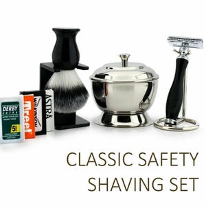 Handmade Personalized 6Pc Shaving Kit for Men Synthetic Shaving Brush with Holder Safety Razor with Stand Shaving Bowl with Lid Shaving Soap